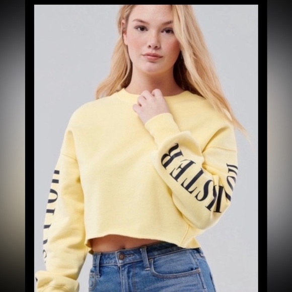 Hollister yellow Croptop Sweatshirt women’s S Spellout on sleeves pullover Boho - Picture 10 of 12